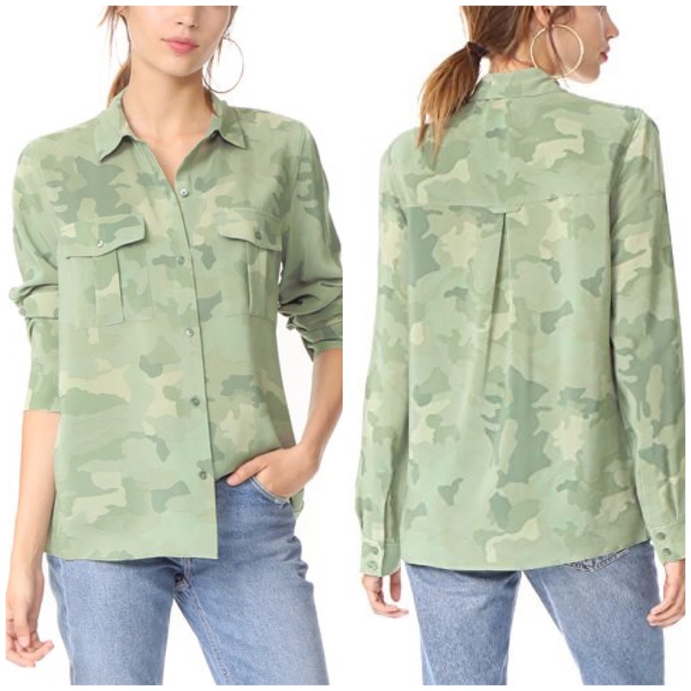 Rails Rhett Silk Blouse Camouflage XS sage camo green button down